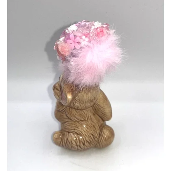 Vintage Ceramic Sitting Pretty Easter Bunny Poof Faux Fur Flower Hat Deb O. OOAK - Picture 10 of 16